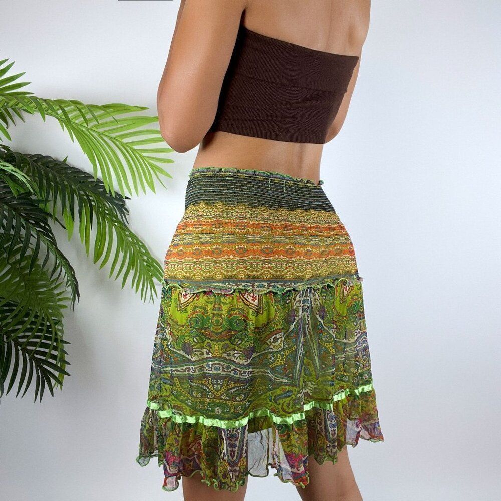 Vintage Y2K Green Fairy Grunge Hippie Bohemian Paisley Mesh Mini Skirt / Size: S - Picture 2 of 4